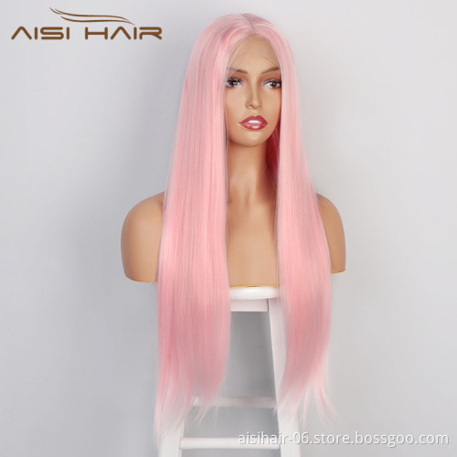 Aisi Hair 26 Inch Long Silky Straight Pink Wig Natural Straight Swiss Lace Wig Middle Part Lace Frontal Wigs For Black Women
